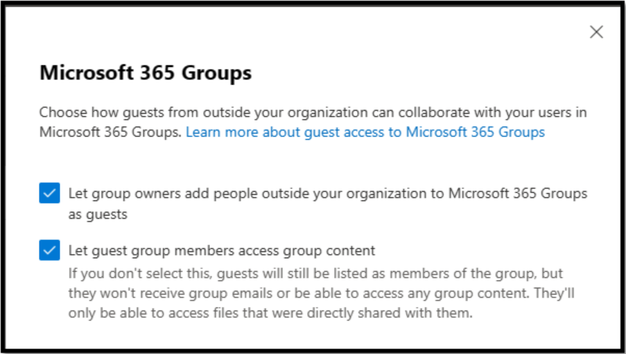 изберете как гост извън вашата организация може да работи съвместно с вашите потребители в групи на Microsoft 365