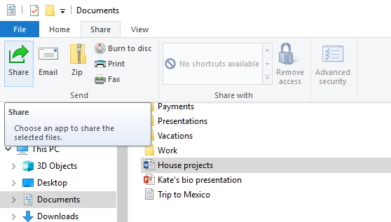 Къде да намерите бутона "Споделяне" във файловия мениджър на Windows 10