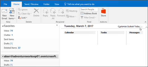 Outlook Прозорецът на изгледа "Днес" е празен 