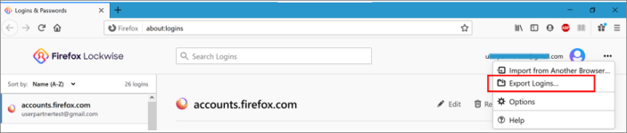 Местоположение за експортиране на пароли за браузър Firefox на настолен компютър