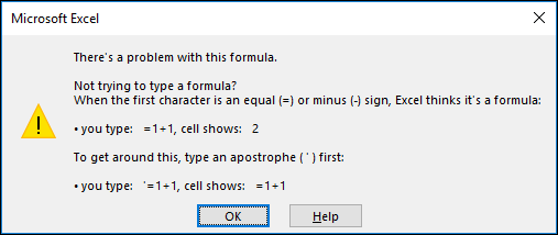 Изображение на диалоговия прозорец "Проблем с тази формула" на Excel