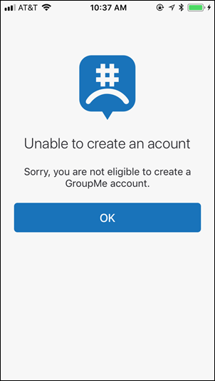 Екранът Не може да се създаде акаунт (рожден ден) в GroupMe