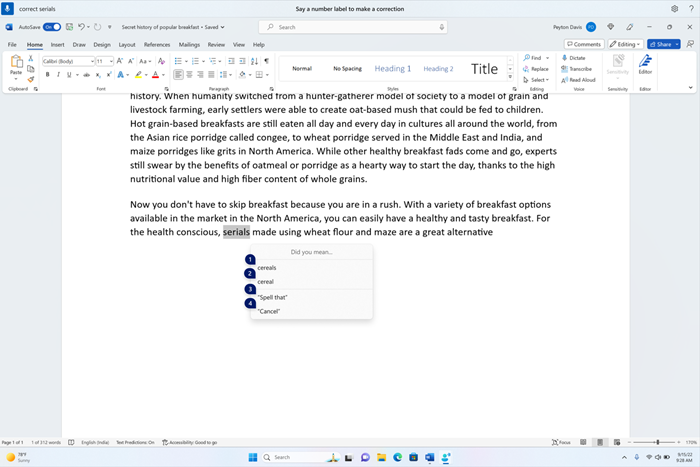 Word document showing corrections window with candidates for the text "cereals".