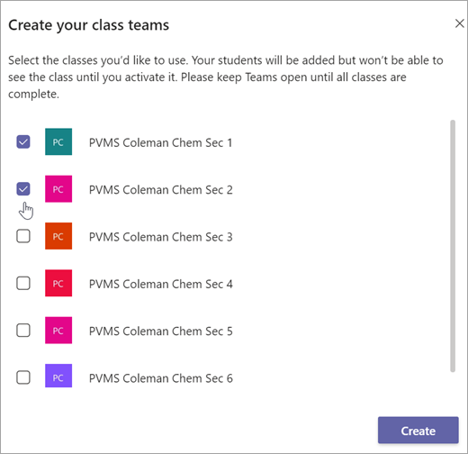 Създайте своя прозорец за клас на Teams. Изберете квадратчета за отметка, за да изберете класове.