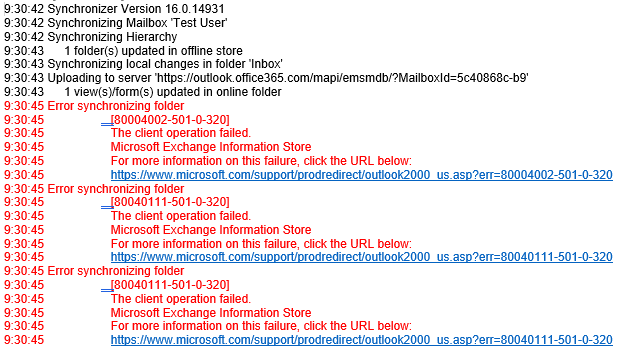 Списък на грешките в регистрационния файл на Outlook
