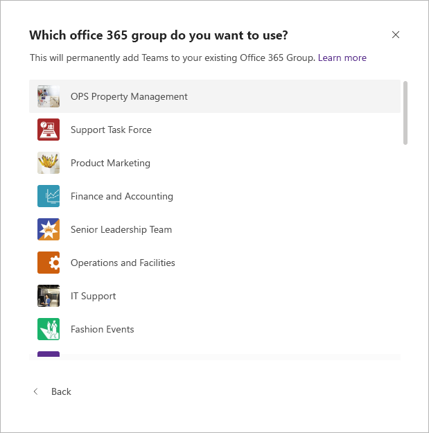 Създаване на екип от съществуваща група в Microsoft Teams