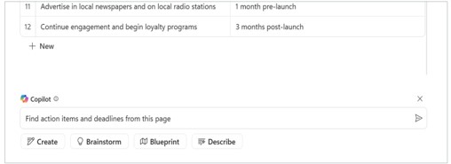 „Намиране на елементи за действие и крайни срокове от тази страница“ е въведено в Loop на текстовото поле на платното на Copilot