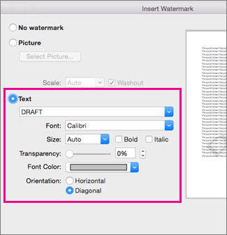 The Insert Watermark dialog box with a highlight around the Text options