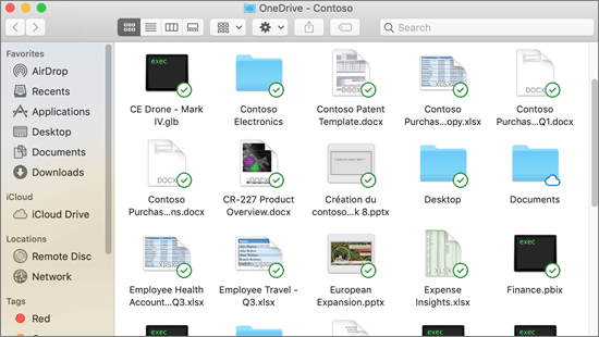 Екранна снимка на интегрирането на Finder на Mac с припокривания при синхронизиране за синхронизираните файлове