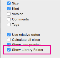 Настройката за показване на файловете в библиотека в опциите за изглед на Finder