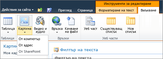 Щракнете върху бутона картина на лентата и изберете от компютър, адрес или SharePoint.