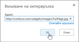 Диалогов прозорец "хипервръзка" с осветен бутон "уеб адрес" и "OK"