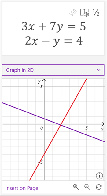 екранна снимка на генерирана от математически помощник графика, показваща уравненията 3 x плюс 7 y е равно на 5 и 2 x минус y е равно на 4. графиката показва две пресичащи се линии, една лилава и една червена.