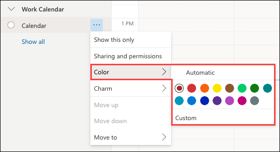 Избор на цвят на календар в Outlook Web
