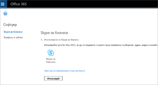 Изображение на страницата за инсталиране, което ще видите, ако имате план на Skype за онлайн бизнеса