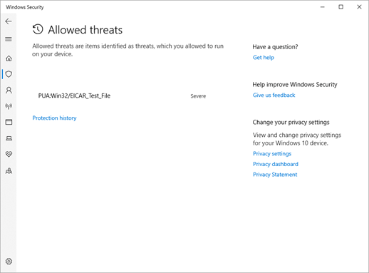 Страницата "Разрешени заплахи" в "Защита в Windows"