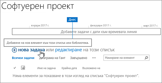 Времева линия на задачите, щракнете върху Създай +, за да добавите задачи