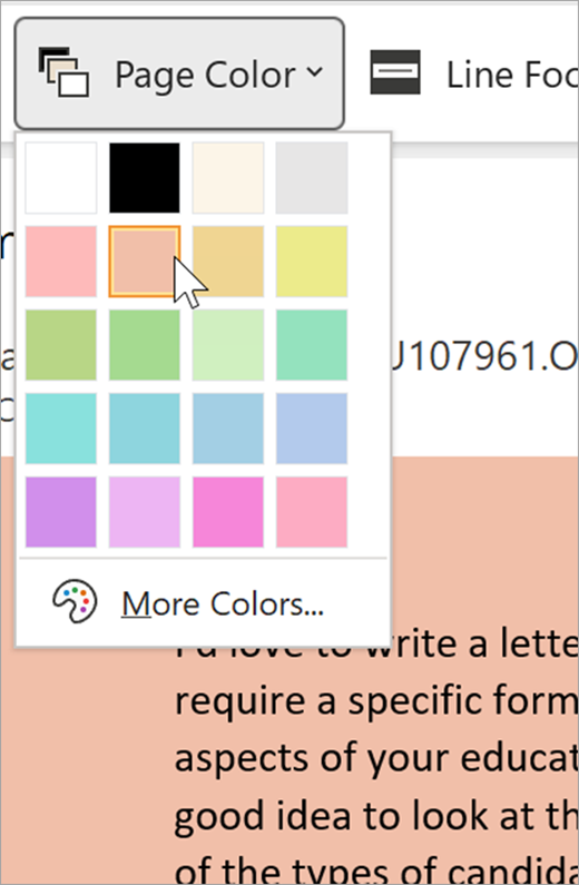 екранна снимка на падащото меню за цвят на страницата за концентриран четец. Показана е цветова палитра, а фонът, който се вижда зад падащото меню, е пастел оранжев