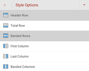 Квадратчето за отметка Заглавен ред, избрано в менюто Опции за стил в PowerPoint за Android.