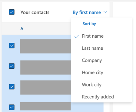 Екранна снимка на опциите за сортиране на контакти