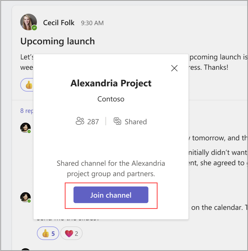 Присъединете се към споделен канал, като изберете Присъединяване към канал, след като щракнете върху връзката към съобщението.