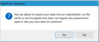 Desktop Roboform export confirmation dialog box