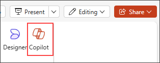 Екранна снимка на бутона Copilot в менюто на лентата на PowerPoint