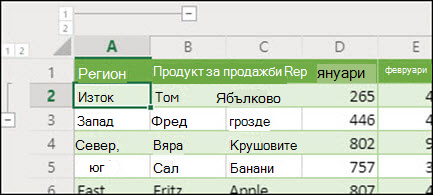 Прилагане на нива на структура на редове и колони в Excel за уеб от група данни/разгрупиране.