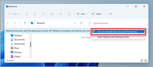 Подканата За споделяне на мрежа и файлове в екрана Мрежа в Windows 11.
