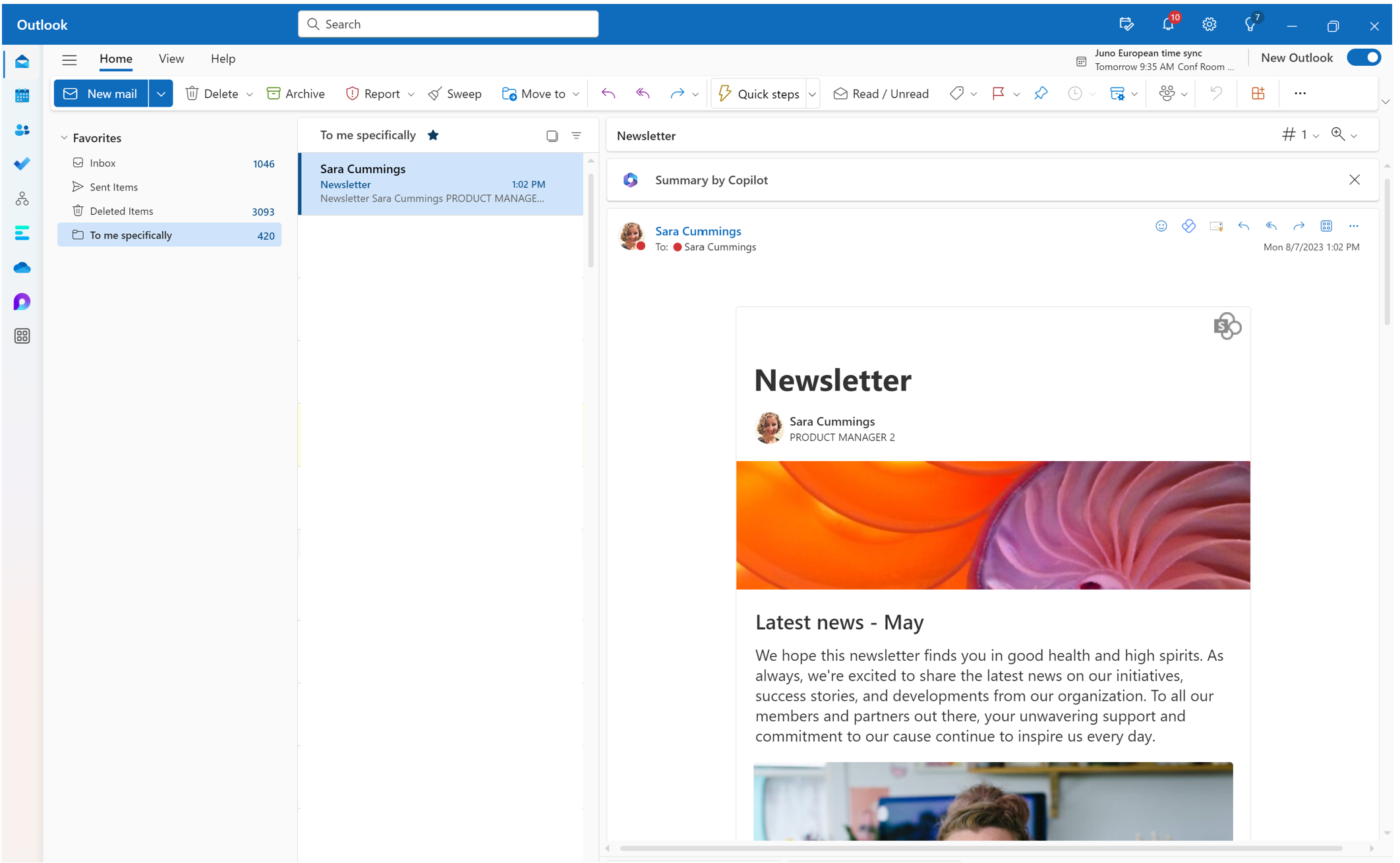 screenshot of outlook inbox showing a sharepoitn news post