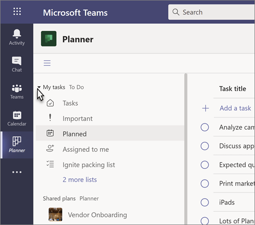 Екранна снимка на приложението "задачи" в Teams, наречено Planner, с показалец, който се намира в заглавката на "Моите задачи"