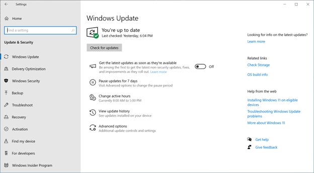 Екранна снимка за актуализиране на Windows
