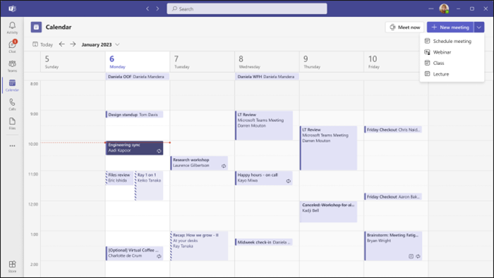 екранна снимка на календара в Teams с избран бутон за ново събрание. опциите в падащия списък включват планиране на събрание, уебинар, клас и лекция