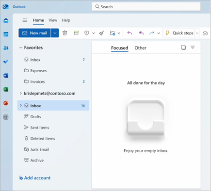 Екранна снимка на прозореца на Outlook, показващ разделите "Фокусирани" и "Други"