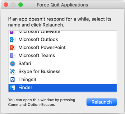 Екранна снимка на Finder в диалоговия прозорец "Принудително излизане от приложенията" на Mac