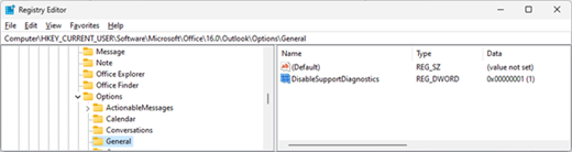 Екранна снимка на редактора на системния регистър – Outlook – Общи опции