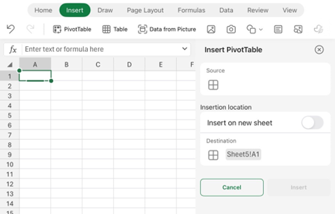 Екранна снимка къде да вмъкнете обобщена таблица в Excel iPad.