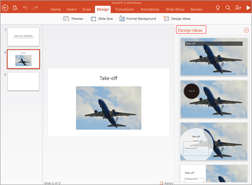 Екранна снимка показва Designer в PowerPoint на устройство с iOS с идеи за проектиране, видими от най-дясната страна на прозореца.