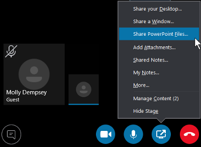 Екранна снимка, показваща менюто на настоящето съдържание в събрание в Skype за бизнеса с избрана опция "представяне на файлове на PowerPoint".