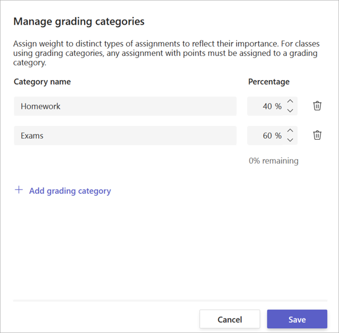 екранна снимка на прозореца за оценяване на категории, показващ 2 категории, домашна работа за 40% и изпити за 60%