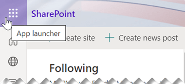 Символът за стартиране на приложения се състои от девет малки квадратни точки, разположени близо до горния десен ъгъл на прозореца на приложението SharePoint.