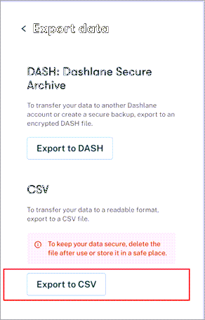 Менюто за експортиране на данни на Dashlane с осветен бутон "Експортиране в CSV файл" близо до долния край.