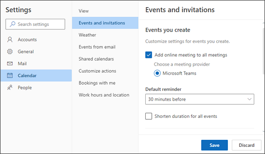 Екранна снимка как да зададете напомняне по подразбиране за нови събития