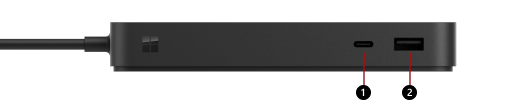 Показва двата порта в предната част на Surface Thunderbolt 4 докинг станция (USB-A и USB-C).