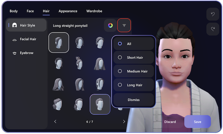 Опции на менюто за промяна на косата в приложението "Аватар"