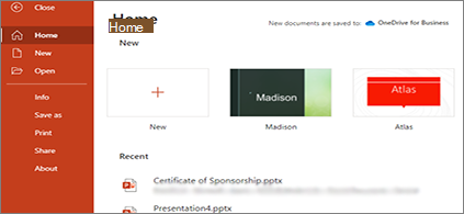 Екранна снимка на менюто "Файл" за PowerPoint за уеб