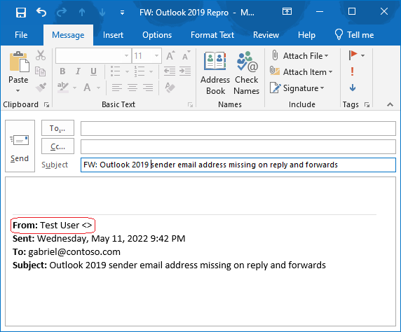 В основния текст на имейла липсва имейл адресът на подателя на първоначалното съобщение