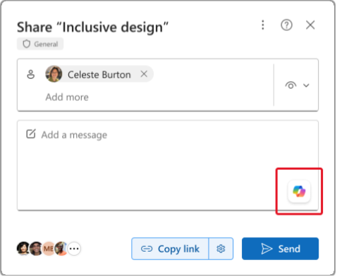 Показва полето за съобщение, което виждате в Word, когато споделяте документ. Иконата на Copilot е в полето за съобщение.