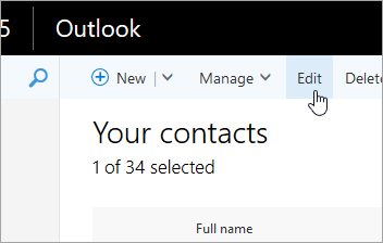 Екранна снимка на бутона "Редактиране" под навигационната лента на Outlook.