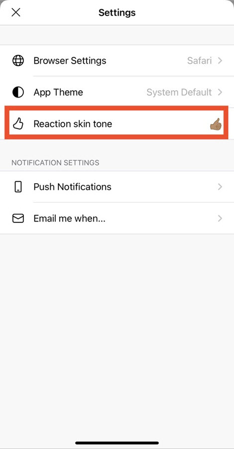 Екранна снимка, показваща екрана "мобилни" в Yammer за избиране на цвета на кожата за реакциите
